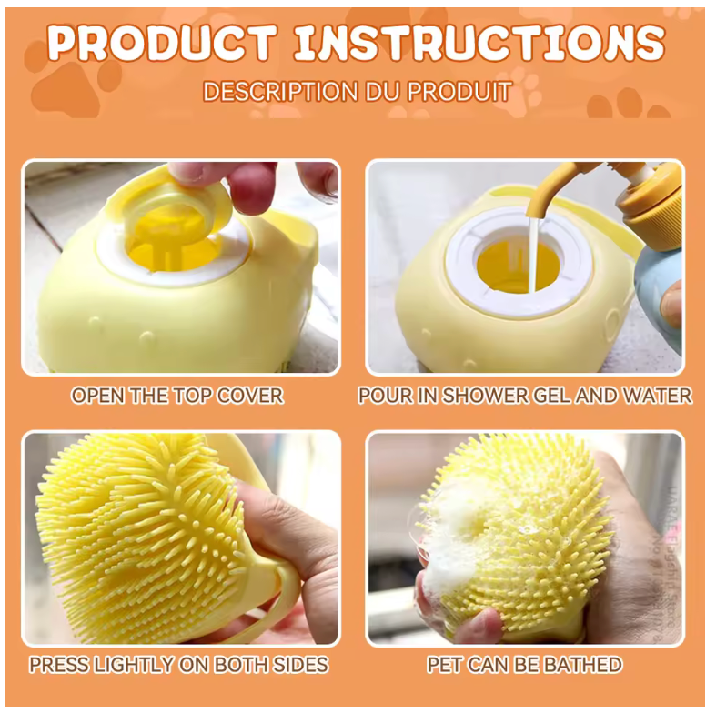 2-in-1 Dog Bath Brush with Shampoo Dispenser – Soft Silicone Grooming & Massage Tool for Dogs & Cats