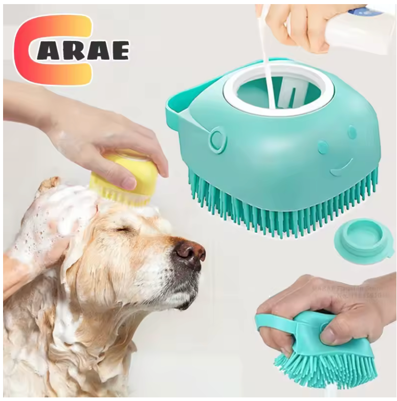 2-in-1 Dog Bath Brush with Shampoo Dispenser – Soft Silicone Grooming & Massage Tool for Dogs & Cats
