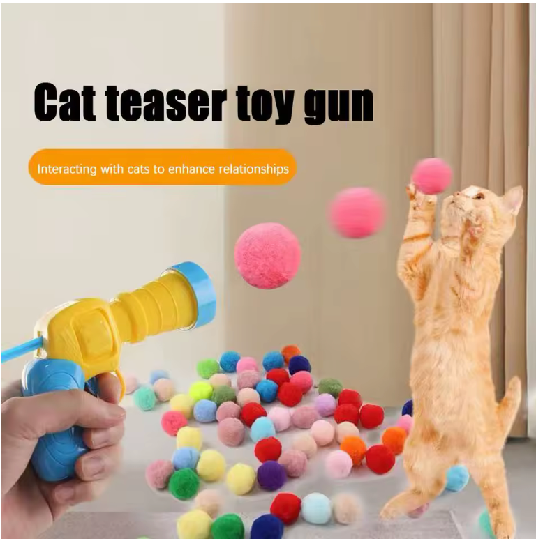 Interactive Cat Toy Launcher – Silent Plush Ball Shooter with 20 Soft Pom Pom Balls