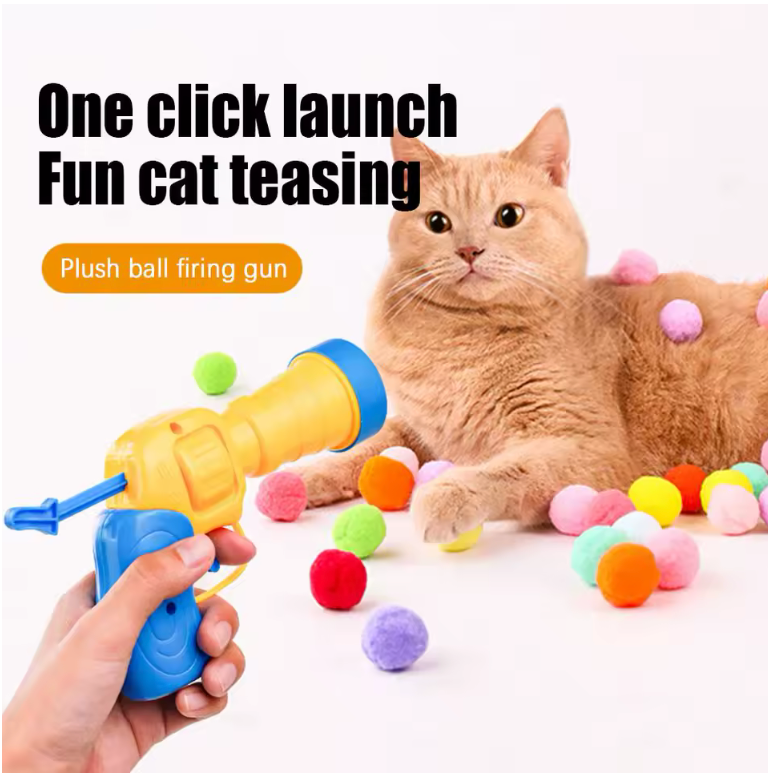 Interactive Cat Toy Launcher – Silent Plush Ball Shooter with 20 Soft Pom Pom Balls